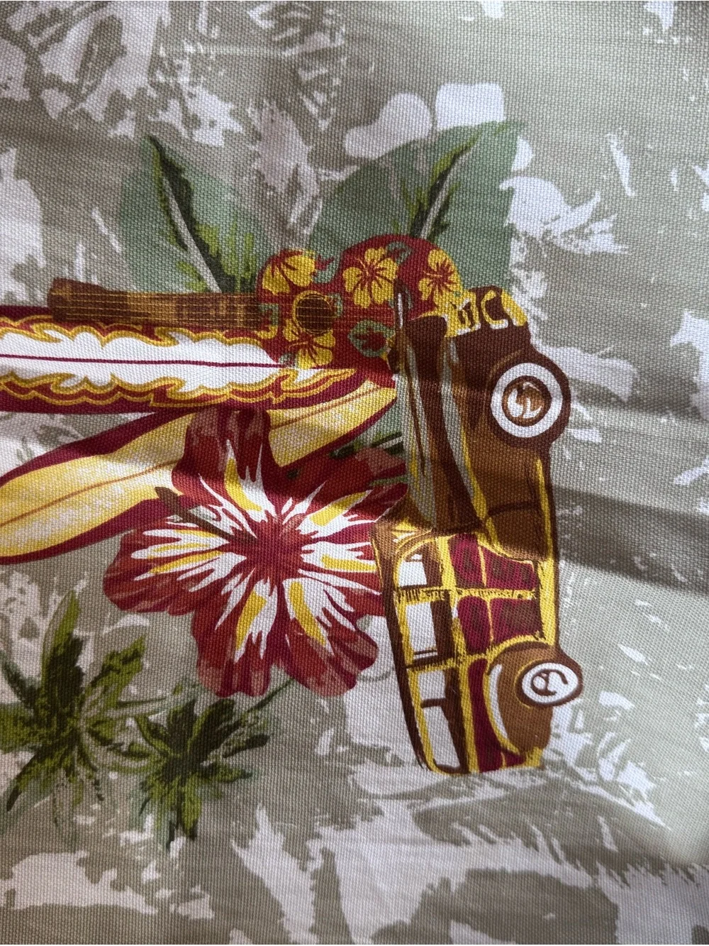Hawaiian DesignBeige Shower Curtain with Red and Gold Retro Car and Surf Boards.